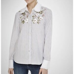 Kate Spade Ruffle Striped Embroidered Shirt Sz S DISCONTINUED Floral Ruffle